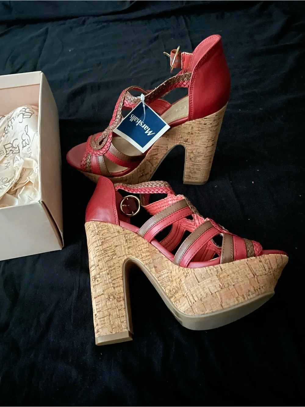 New BCBG Red and Brown Cork Platform Sandals